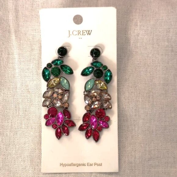 ❤️NWT J CREW Crystal Leaf Multi Color Drop Earrings - Picture 1 of 5
